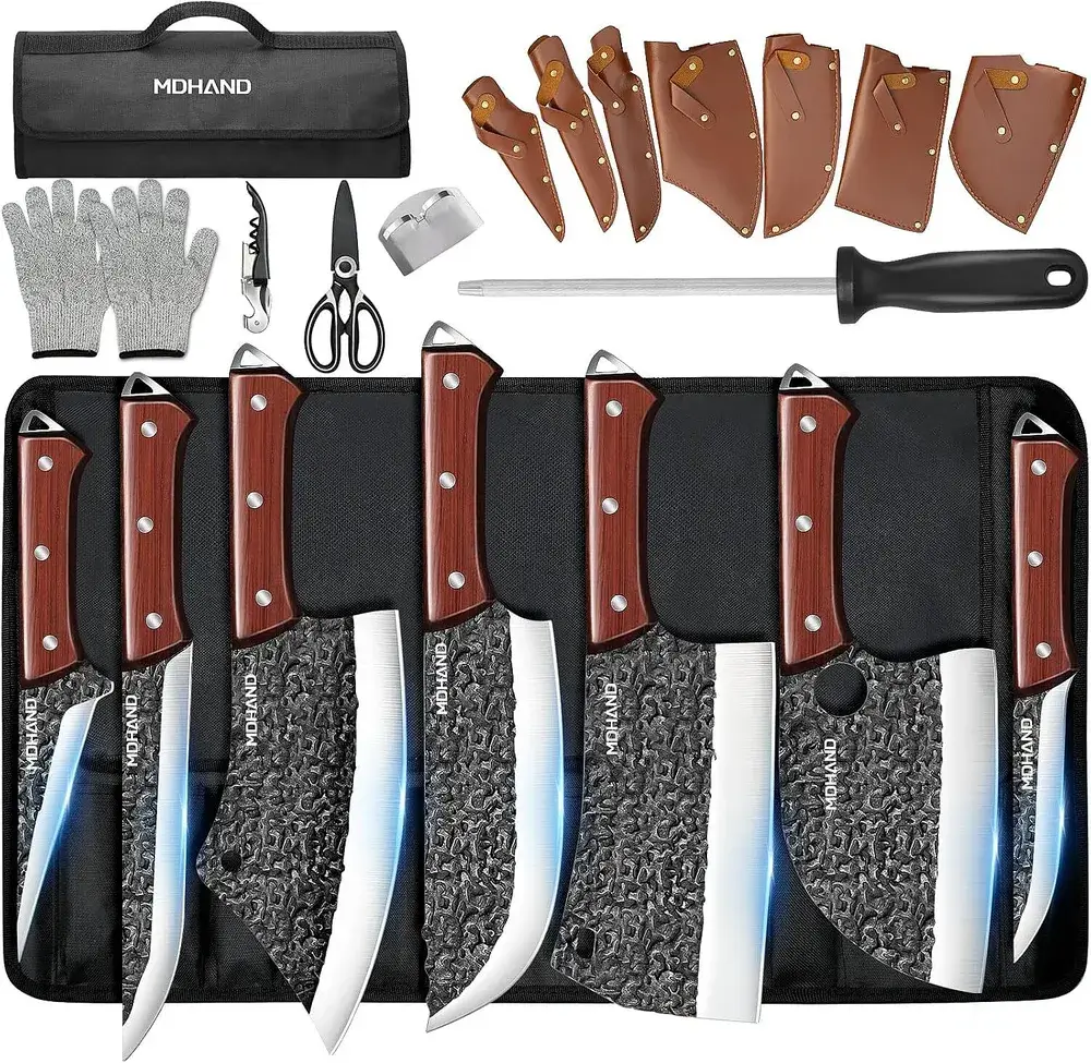 MDHAND 14PCS Black Stonewashed Hammered Butcher Knife Set with Roll Bag