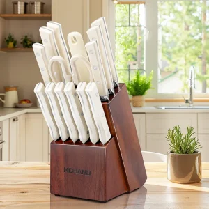 14 Piece Kitchen Knife Set White ABS Handle with Wooden Block