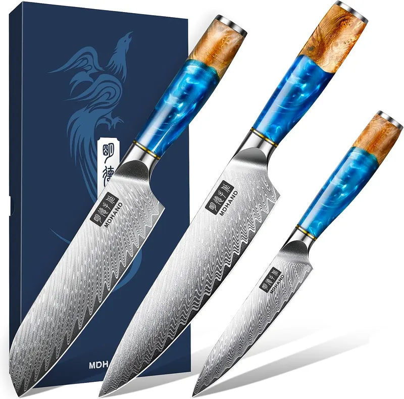 3 Piece Damascus Chef Knife Set Resin Wood Handle Gift Box