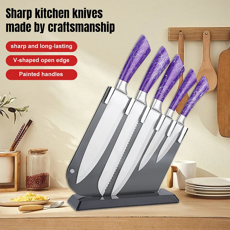 6-Piece Stainless Steel Kitchen Knife Set Purple Handle Block